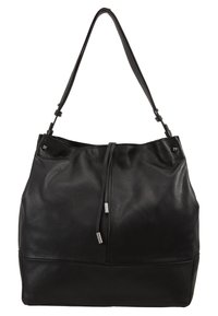 Svart läder tote-väska med en texturerad yta, dragsko-stängning och justerbar axelrem. Har metalliska detaljer och en enkel design.