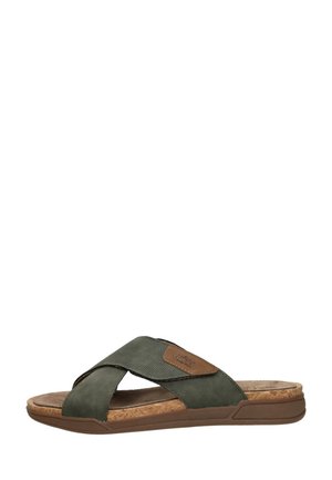 Sandale olive pour homme à enfiler avec des brides croisées, semelle en liège et semelle en caoutchouc marron, avec un petit patch logo marron clair sur la bride.