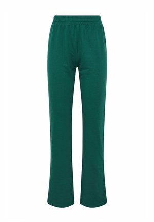 Green, stretchy lounge pants with a flared leg design, featuring an elastic waistband and a smooth, soft texture.