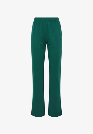 Grønne, strækbare loungebukser med et prikket ben-design, der har en elastisk talje og en glat, blød tekstur.