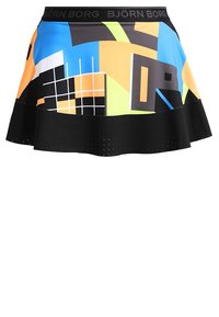 Barevná tenisová sukně bez rukávů s geometrickým vzorem v černé, modré, oranžové a zelené; větraný černý lem.