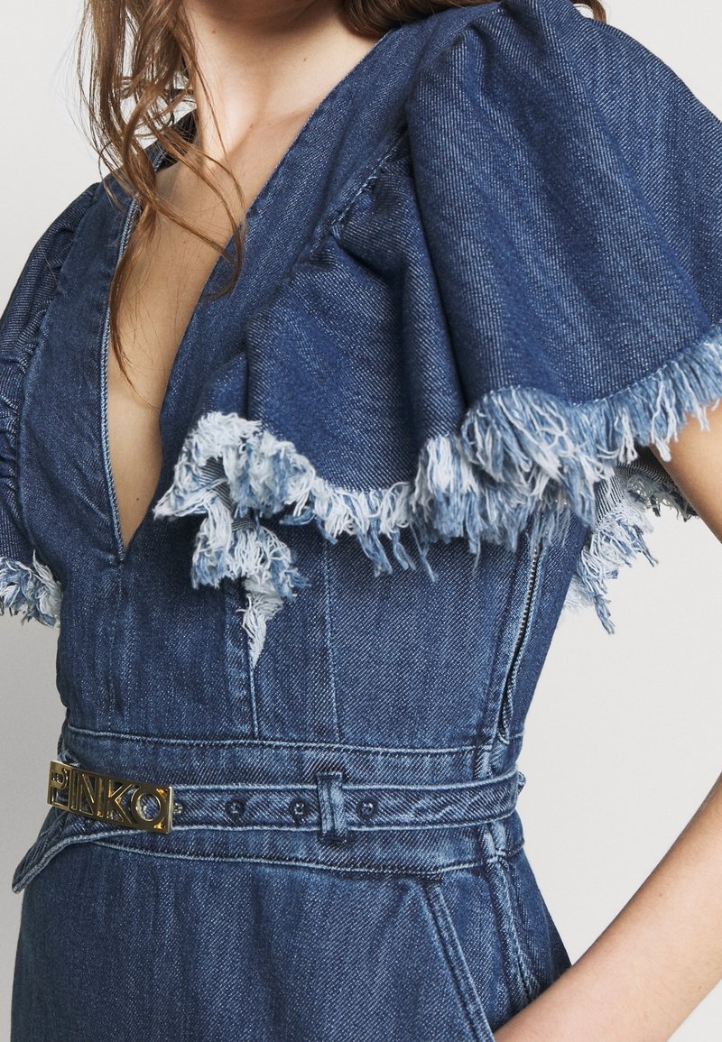 pinko bandeau-style denim dress Bandeau Button Front Detail Midi Dress In Blue Denim | EGO EU