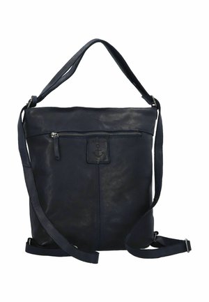 Borsa a tracolla in pelle blu navy con tasca frontale con zip, tracolla regolabile e patch con il logo del marchio. Texture liscia con hardware minimale.
