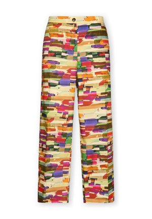 Pantaloni a gamba larga con motivo astratto multicolore a pennellate nei toni dell'arancione, rosa, viola, verde e beige, con chiusura a bottone.