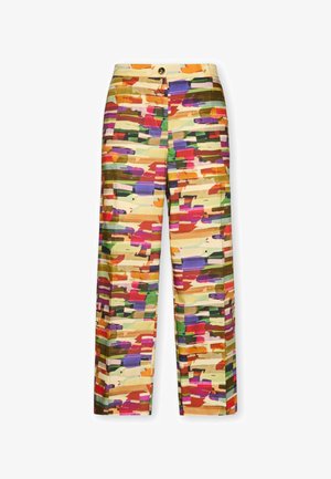 Wijd uitlopende broek met een meerkleurig abstract penseelstreekpatroon in tinten oranje, roze, paars, groen en beige met een knoopsluiting.