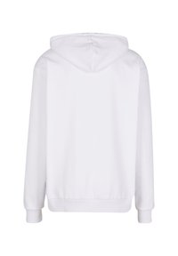 Sudadera blanca con capucha y manga larga, con una textura suave, puños elásticos y un dobladillo acanalado. Sin elementos de diseño visibles en la parte trasera.