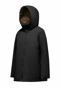 Giacca nera imbottita con zip frontale, cappuccio grande e fodera trapuntata marrone. Presenta tasche laterali e un design a taglio dritto.