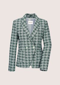 Groen-wit pied-de-poule patroon dubbelrijjige blazer met revers, twee knopen en lange mouwen.