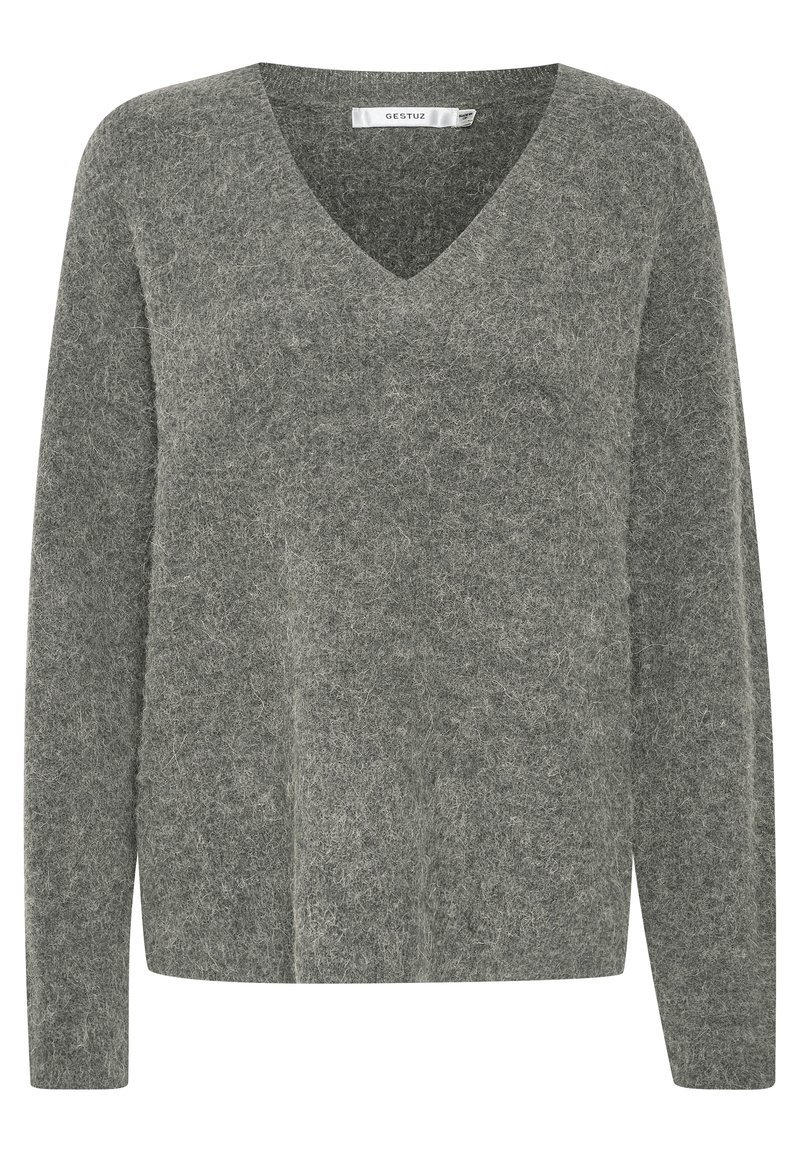 Grauer V-Ausschnitt-Pullover aus weichem, strukturiertem Material. Er hat lange Ärmel und eine lockere Passform mit einer leicht flauschigen Oberfläche.