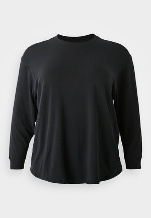 T-shirt noir uni à manches longues et col rond, présenté sur fond blanc sans logo ni motif visible.