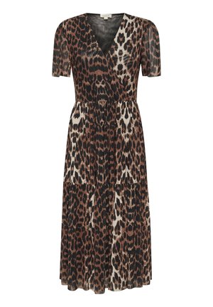 Leopard-patterned wrap dress with short sleeves, V-neck, tiered skirt in browns and creams, made from lightweight fabric.