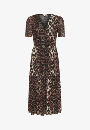 Luipaardpatroon wrapdress met korte mouwen, V-hals, gelaagde rok in bruin en crème, gemaakt van lichte stof.