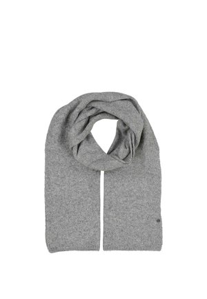 Sciarpa lavorata a maglia di colore grigio chiaro distesa su una superficie piana con un centro ad anello, che mostra la texture e un piccolo logo circolare vicino a un'estremità.