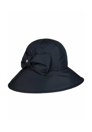 Black wide-brimmed hat with a large fabric bow on the side, made of smooth, slightly shiny material.