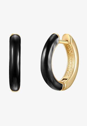 Schwarze Creolen mit glatter Oberfläche und goldenen Akzenten. Das Innere weist ein strukturiertes goldenes Muster auf. Leichtgewichtiges und kreisförmiges Design.