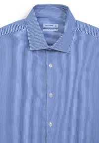 Gestreifte Slim-Fit-Hemden in Blau und Weiß, aus einem Material mit glatter Textur, mit einem spitzen Kragen und transparenten Knöpfen.