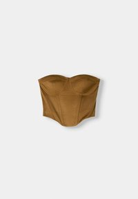 Top bustier senza spalline marrone con coppe strutturate e dettagli con cuciture verticali, esposto su uno sfondo bianco.