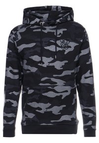 Black and gray camo hoodie made of soft fabric, featuring a drawstring hood, a front pocket, and a logo on the chest. Textured pattern throughout.