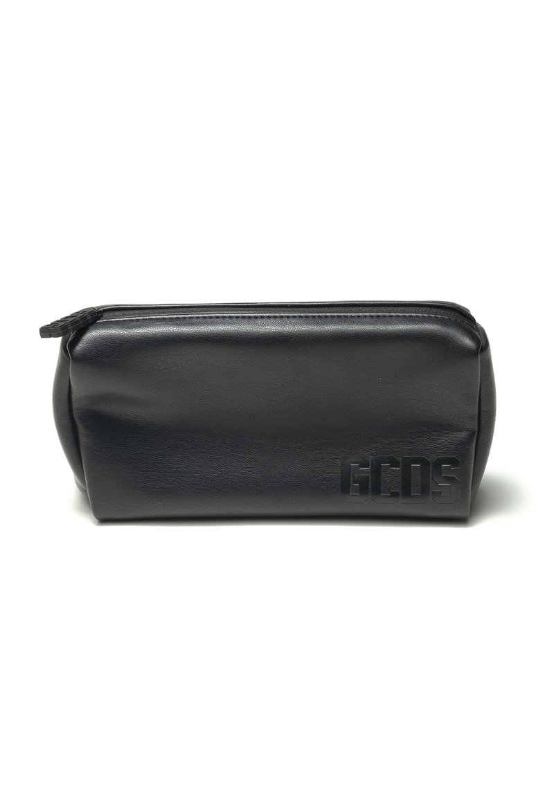 Black leather cosmetic bag, rectangular shape, zip closure, embossed logo "GCDS" on the side, smooth texture with rounded edges.
