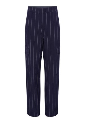 Pantalons cargo navy avec des rayures blanches verticales, dotés de deux poches latérales, d'une coupe décontractée et d'une texture de tissu lisse.