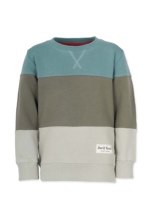 Langærmet sweatshirts med farveblokke og ribkanter ved ærmer, hals og bund, med tre horisontale sektioner i blå, olivengrøn og lysegrå.
