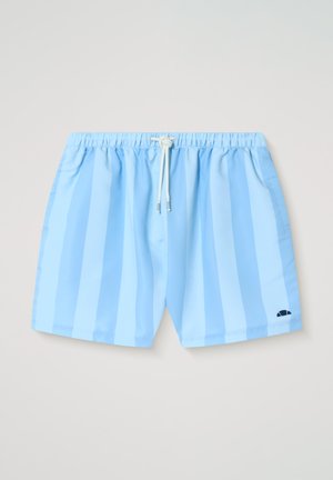 Light blue swim shorts with vertical stripes, elastic waistband, white drawstring, and small dark blue logo on the left leg.
