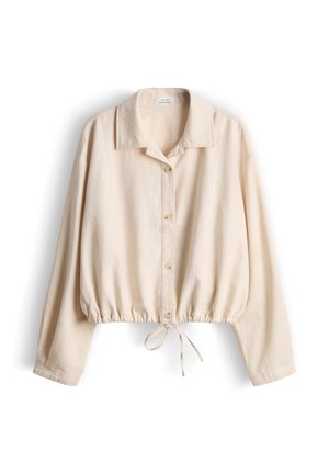 Lichtbeige, lange mouwen, overhemd met knopen, kraag en verstelbare treklintzoom, weergegeven op een witte achtergrond.