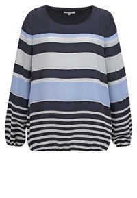 Blouse à manches longues à rayures horizontales en noir, blanc, gris et bleu clair, avec poignets et ourlet élastiques.