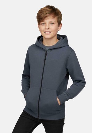 Grijze hoodie met ritssluiting, gemaakt van zacht materiaal, met een capuchon, twee voorzakken en een reguliere pasvorm. Voorzien van een subtiel logo detail.