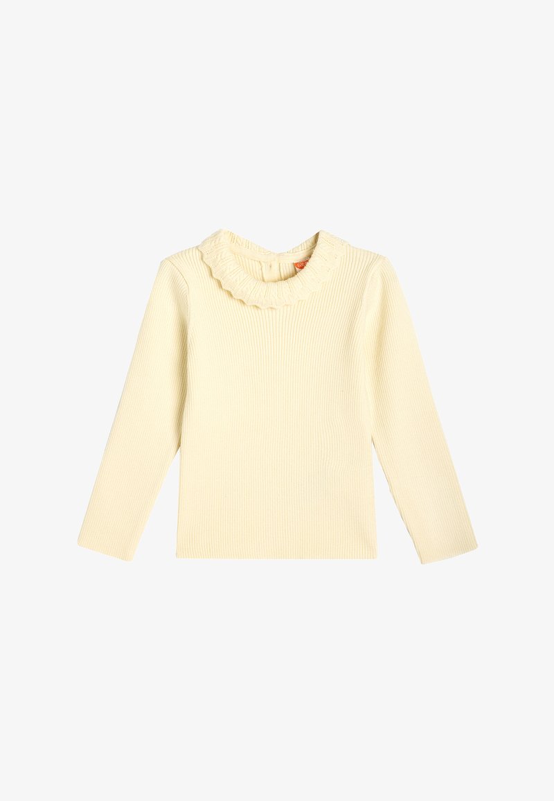 Langärmliges gelbes Rippoberteil mit rundem, gerafftem Halsausschnitt, das eine strukturierte Oberfläche und eine einfarbige Optik bietet, ideal zum Layering.