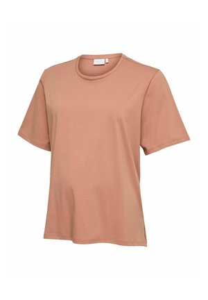 Kortærmet, rundhalset, løstsiddende T-shirt i ensfarvet lysebrun vist på hvid baggrund.