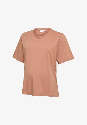 T-shirt met korte mouwen, ronde hals en losse pasvorm in effen lichtbruin, afgebeeld op een witte achtergrond.