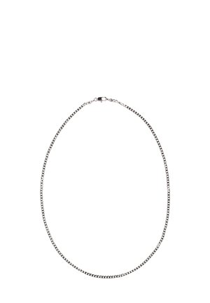 Zilverkleurige metalen ketting met een dunne ketting, voorzien van in elkaar vergrendelde schakels en een veilige sluiting. Gladde textuur, klassiek ontwerp.