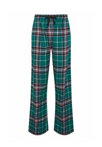 Vihreät flanellipyjamahousut, joissa on suuri ruutukuosi, jossa on valkoisia, mustia ja vaaleanpunaisia viivoja. Jousto-oka ja musta nyöri vyötäröllä.