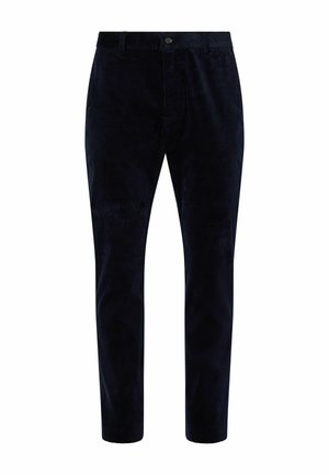 Pantalones de pana azul marino con botón frontal, trabillas para cinturón y corte de pierna recta, mostrados sobre fondo blanco.