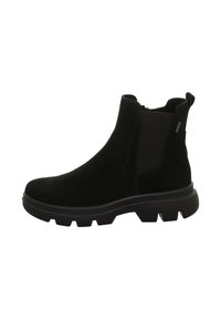 Schwarze Wildleder-Ankle Boots mit dicker Gummisohle, elastischem seitlichem Einsatz, Ziehschlaufe an der Ferse und einem Reißverschluss auf der Innenseite.