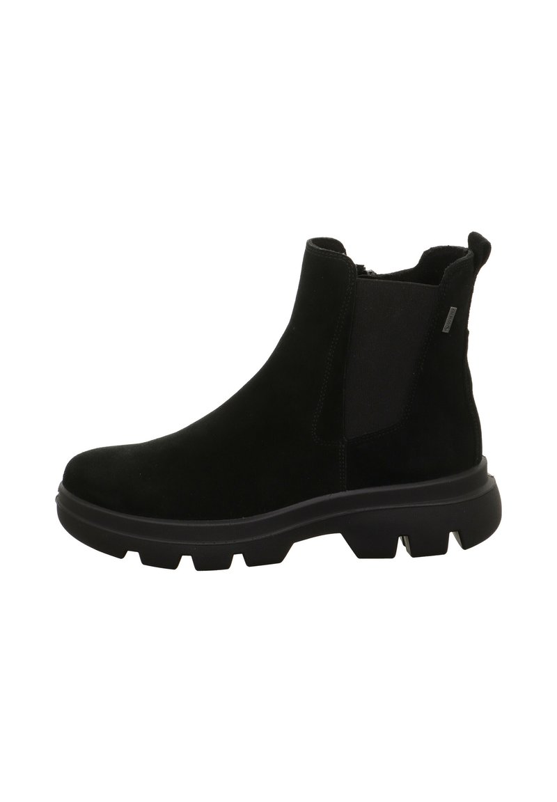 Schwarze Wildleder-Ankle Boots mit dicker Gummisohle, elastischem seitlichem Einsatz, Ziehschlaufe an der Ferse und einem Reißverschluss auf der Innenseite.