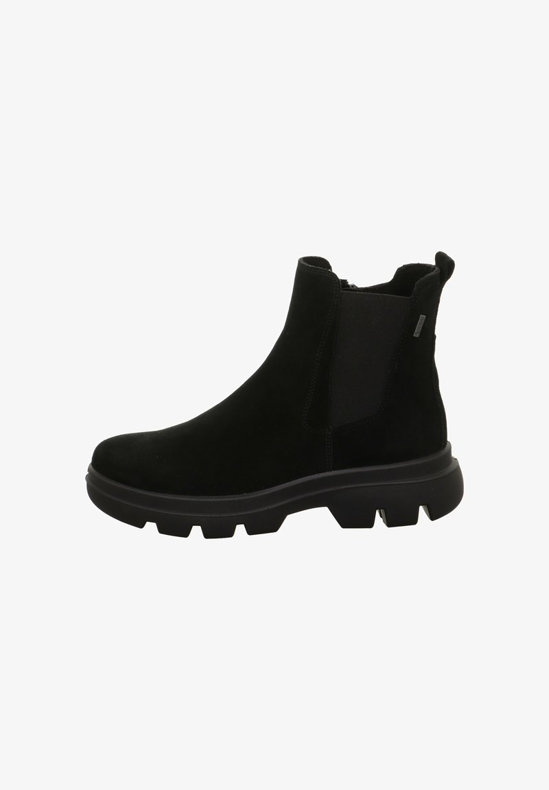 Schwarze Wildleder-Ankle Boots mit dicker Gummisohle, elastischem seitlichem Einsatz, Ziehschlaufe an der Ferse und einem Reißverschluss auf der Innenseite.