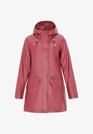 Vízhatlan piros esőkabát kapucnival, patentgombokkal, két elülső zsebbel és húzózsinórral. Simaszerkezet, elegáns dizájn.