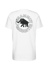 Witte katoenen t-shirt met een zwart grafisch ontwerp van een mammoet en de tekst "MAMMUT GARANTIE" in een cirkelvormig design op de achterkant.