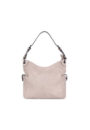 Beige synthetisch leren handtas met een gebogen vorm, zwarte accenten, een enkele schouderband en twee zijvakken. Gladde textuur en een minimalistisch ontwerp.