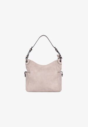 Beige Handtasche aus synthetischem Leder mit geschwungener Form, schwarzen Akzenten, einem einzigen Tragegurt und zwei Seitentaschen. Glatte Textur und minimalistisches Design.