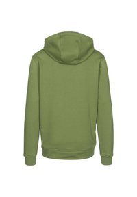 Sudadera verde con un diseño simple, que cuenta con un bolsillo canguro, puños acanalados y dobladillo, hecha de una suave tela texturizada.