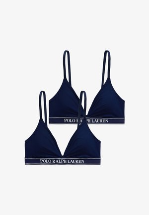 Reggiseni a triangolo blu navy con spalline sottili e banda bianca ricamata con la scritta "POLO RALPH LAUREN". Caratterizzati da tessuto morbido e design semplice.
