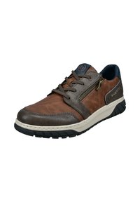 Braune und graue, niedrige Herren-Sneaker mit Schnürung, seitlichem Reißverschluss, geprägtem Logo und schwarzer Sohle mit weißem Mittelsohlen.