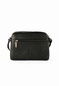 Czarna skórzana torebka na ramię o teksturowanym wykończeniu, prostokątnym kształcie, z przednią kieszenią na zamek błyskawiczny oraz regulowanym paskiem na ramię.