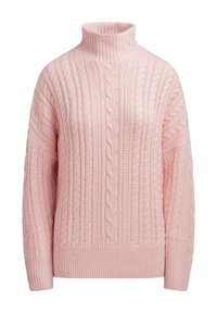 Strickpullover mit Zopfmuster in sanftem Rosa, mit hohem Kragen, weiten Ärmeln und geripptem Saum. Das Material hat eine gemütliche Textur und ein warmes Erscheinungsbild.