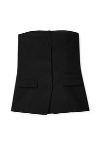 Musta ilmanolkaimellinen liivi, jossa on istuva muotoilu. Edessä on kuusi pyöreää nappia ja vyötäröllä kaksi läpällistä taskua. Pintakuvio on sileä.