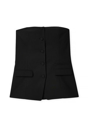 Chaleco negro sin mangas con un diseño ajustado, que presenta seis botones redondos en el frente y dos bolsillos con solapa en la cintura. Textura suave.