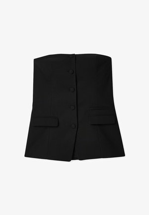 Must mustriba vest, mille ümmarguse nupuga esiküljel ja kahe klapiga taskuga vööl. Sujuv tekstuur.
